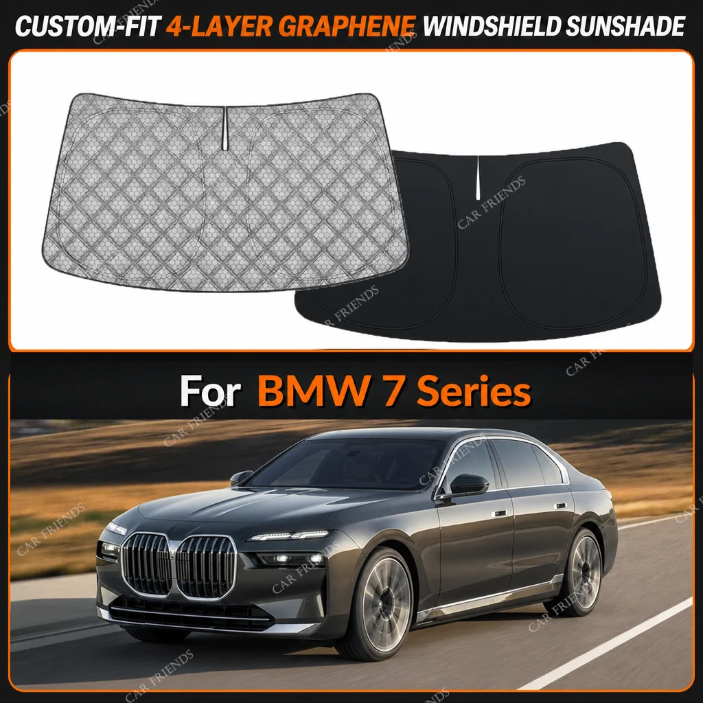For BMW 7 Series Custom-Fit 4-Layer Graphene Windshield Sunshade Reflective Gray-Silver Surface Helps Reduce Direct Sunlight