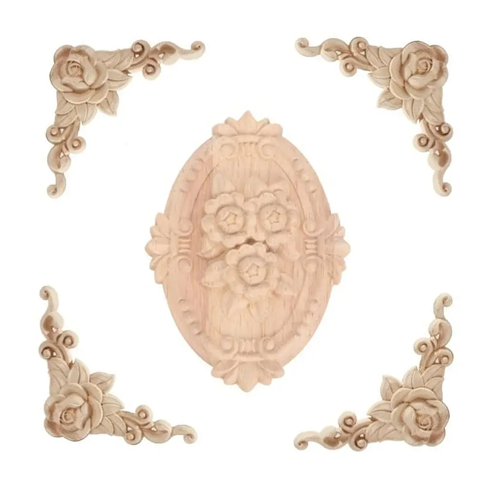 

5Pcs Wood Appliques Onlays Decorative For Furniture Carved Bed Door Cabinet Wardrobe Long Decoration Unpainted Carving, 02
