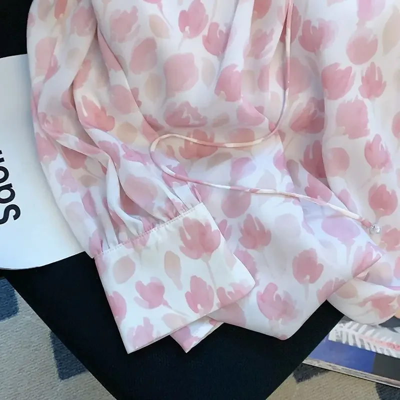 French Gentle Holiday Style Off-shoulder Floral Chiffon Shirt for Women in Summer New Design Ruffled Shirt