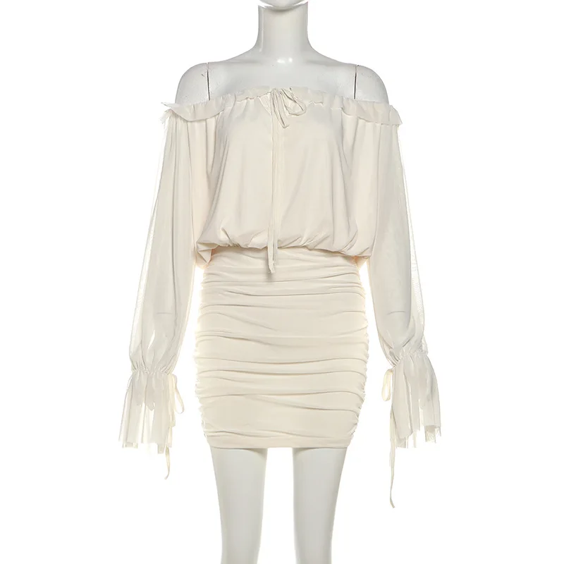 SylCue Ruched Elegant Mini Dress Woman Ruffles Shirring Slash Neck Backless Flared Sleeve Skinny Peach Hip Simple Basic Bodycon