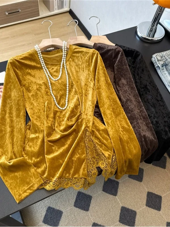 

Новая китайская футболка с бархатным основанием и круглым вырезом Ne Lace Splicing, длинная футболка с разрезом на талии, женский модный топ