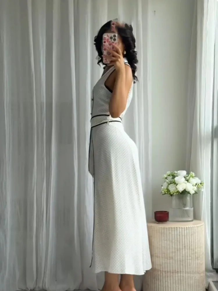HH Frau Elegante Chic Ärmelloses einreiher Midi Kleid Sommer Frauen Sexy Weiß Polka Dot Shirt Stil Diagramm Kleid Mujer