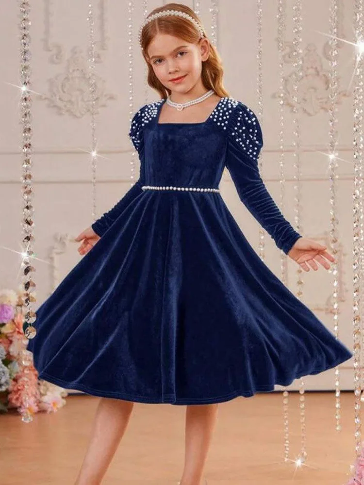 Teens Girls Velvet Dress Fall Winter Vintage Party Christmas Dresses For Kids Baby Wedding Outfit Girl Green Red Blue New 2024