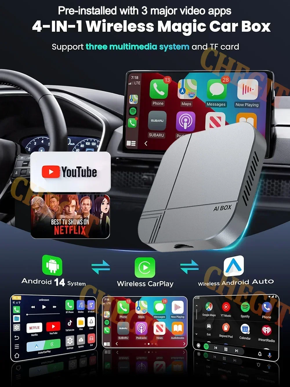 4G+64G/2G+32G Android Smart AI Box Wireless CarPlay Android Auto TV Box For Youtube Netflix For VW Nissan Toyota Hyundai Ford