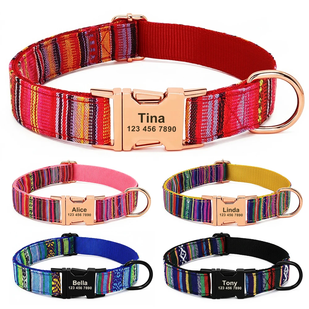 Ethnic Style Personlized Nylon Dog Collar Name ID Metal Buckle Engraved Free Adjustable for Small Medium and Large Dogs