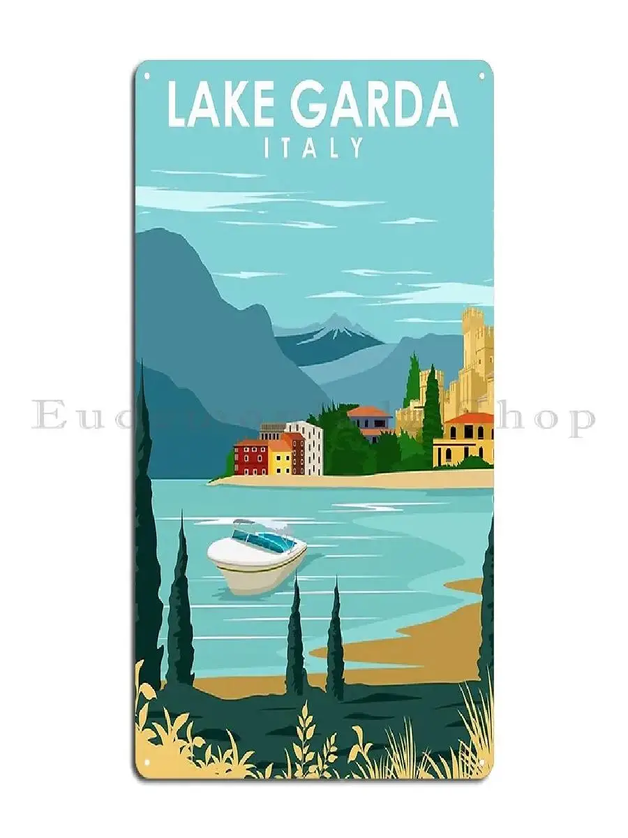 Lake Garda Italy Vintage Minimal Retro Travel Poster  Metal Sign Wall Decor for Home Club Party Plates  Jornvanhezik Printed Tin