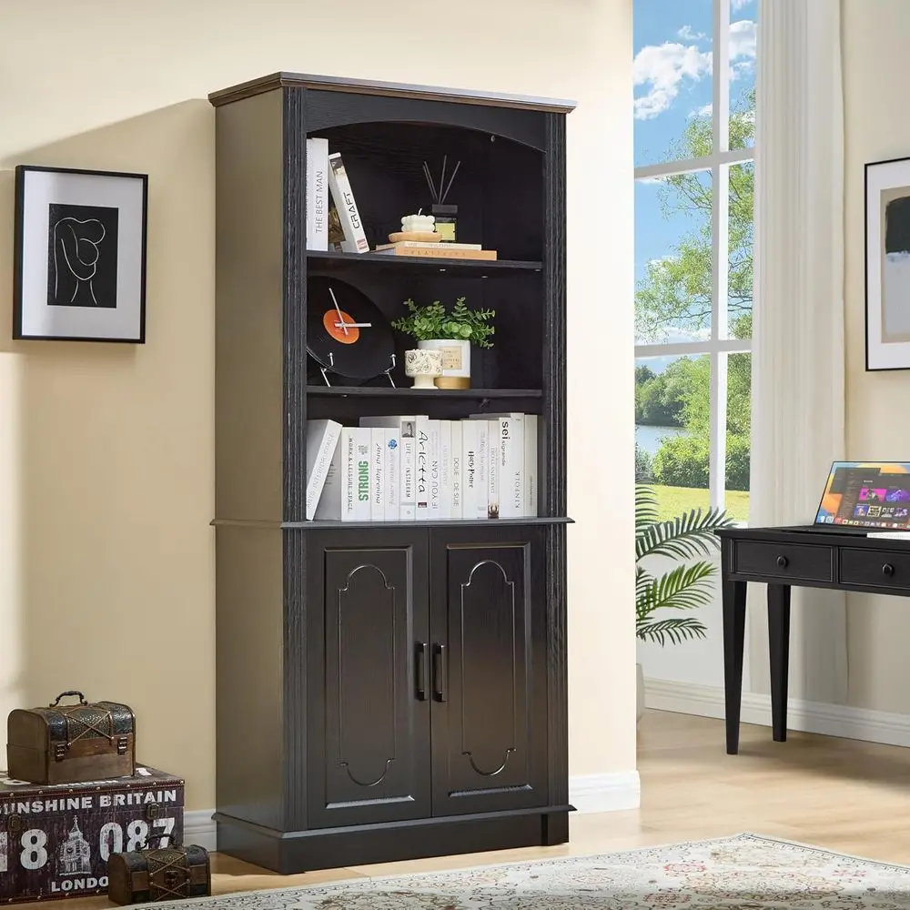 5 Tier 72 Inch Tall Wooden Bookshelf with Storage Cabinet, Cube Organizer, Display Furniture for Living Room and Pantry view 3