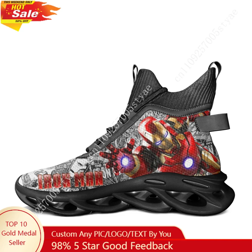

Marvel Iron Man Tony Stark High Top Flats Sneakers Mens Womens Sports Running Shoe Lace Up Mesh Custom Shoe