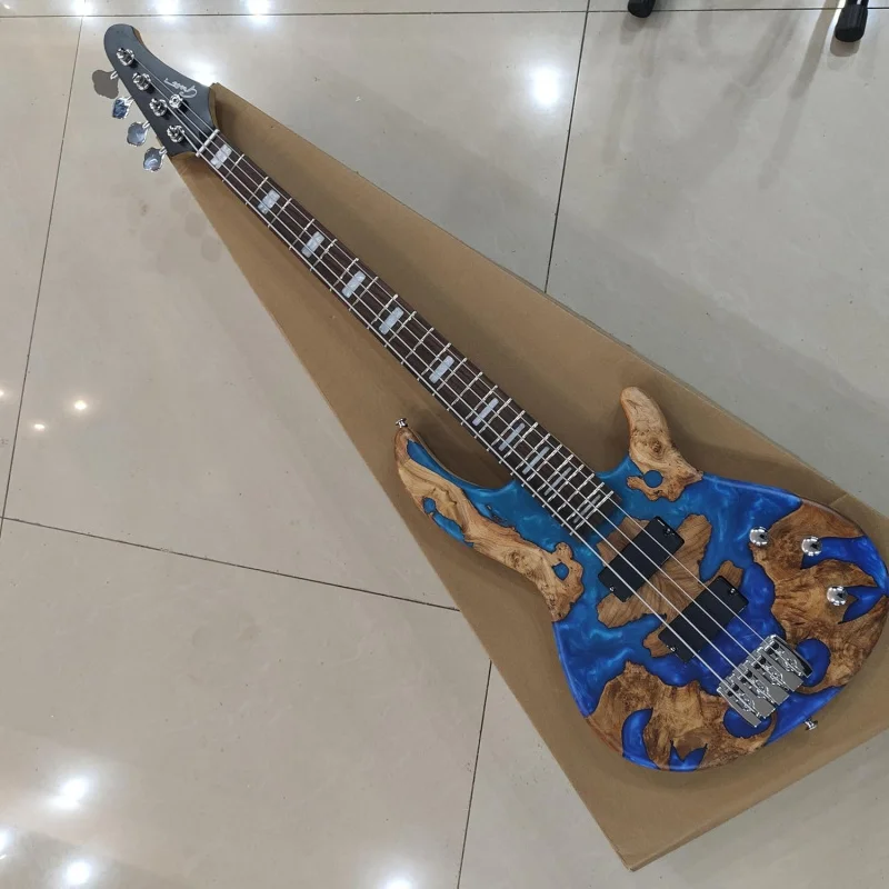 Electric Bass Guitar with Blue Epoxy and Natural Wood Design, 4-String, Chrome Hardware