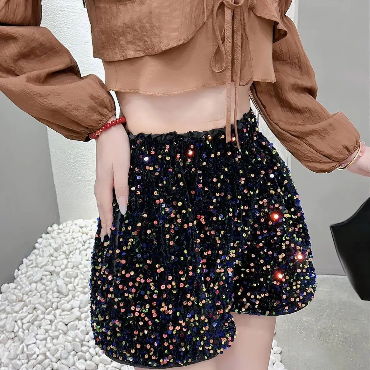 

Женские эластичные разноцветные шорты с блестками, женские широкие шорты с высокой талией, женские повседневные черные ботинки, брюки, новинка осени и весны 2026