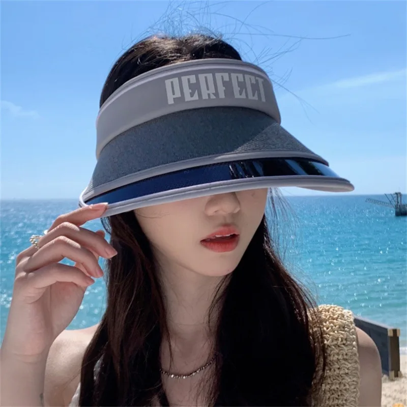 

Korean Women's Fashion Versatile Color-Blocking Letter Sunscreen Empty Top Hat with Large Brim for a Small Face, Outdoor Sun Hat