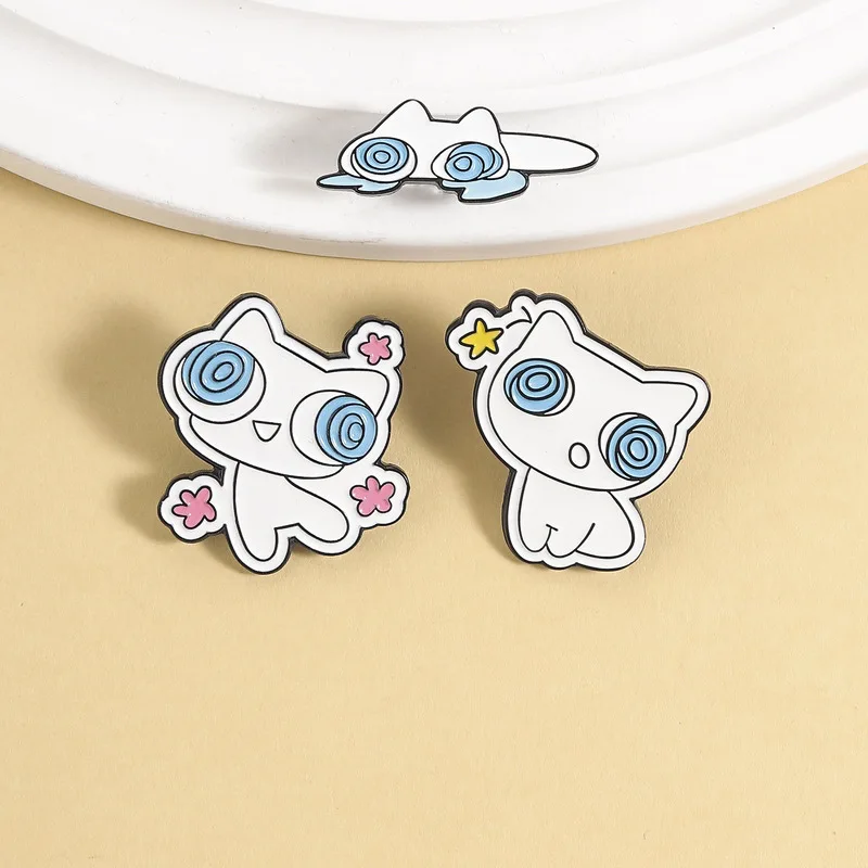 Cute Dizzy Spiral Eye Cat Enamel Pins Kawaii White Kitten Brooch Floral Star Lapel Badge Jewelry Gift For Teen Girls Bag Decor