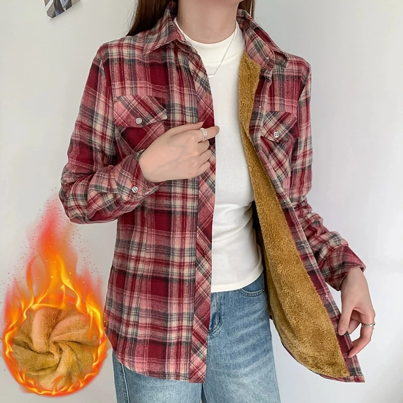 

New Women Plus Velvet Thicken Winter Shirt Vintage All-Match Long Sleeve Plaid Shirts Female Elegant Pockets Lapel Casual Blouse