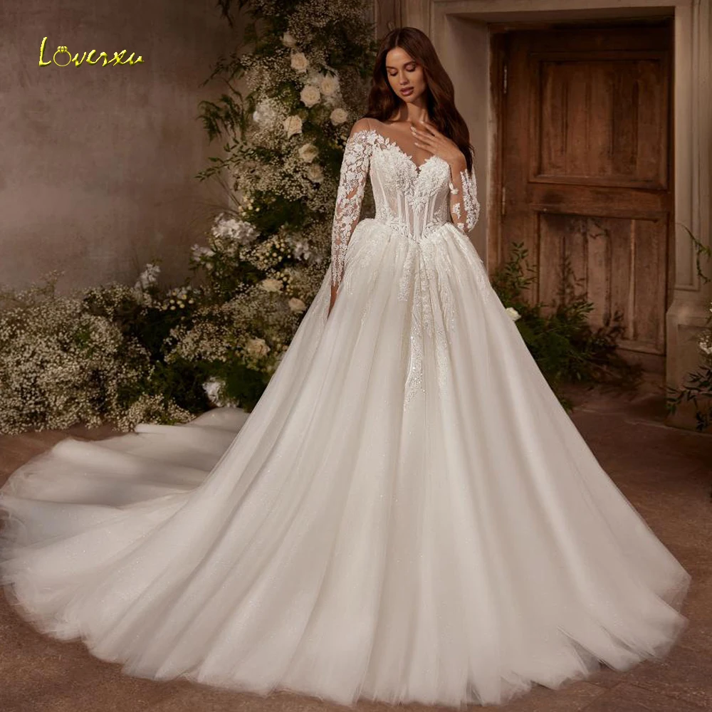 

Loverxu A-Line Delicate Wedding Dresses Sweetheart Long Sleeve Vestido De Novia Lace Appliques Glamorous Custom Made Bridal Gown