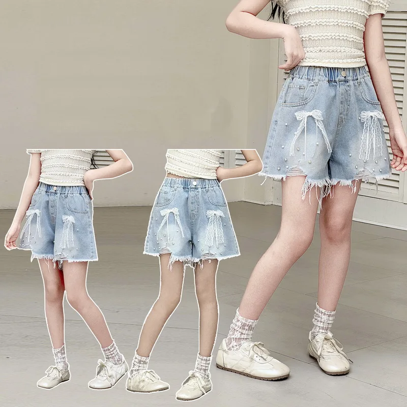 Fashion Kids Girl Light Blue Ripped Denim Shorts with Rhinestones Child Trendy Summer Crystal Mini Shorts Pants with Lace Bow