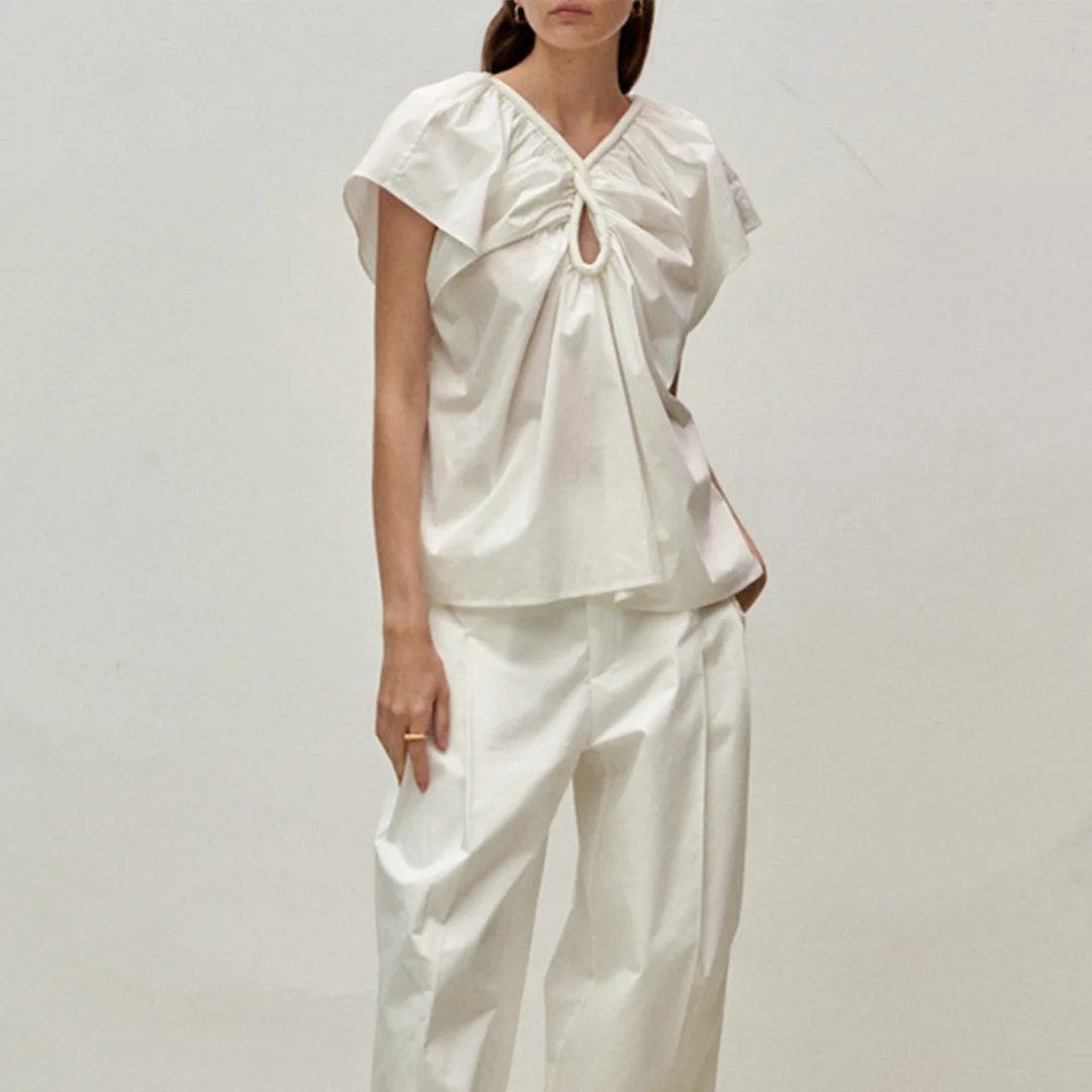 

2025 Spring/Summer Fashion Neckline Knot Cutout Design Short Sleeve Top For Women