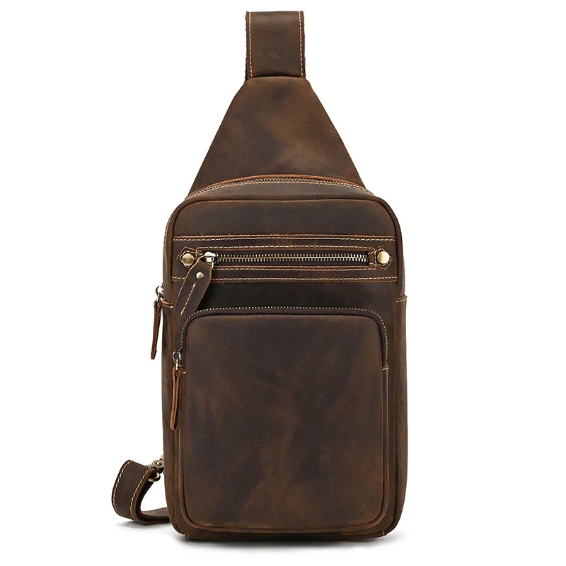 

High Quality Big Chest Bag Real Cowhide Leather Chest Bags Crazy Horse Leather Men's Sling Bag Chest Pack for Man Male
