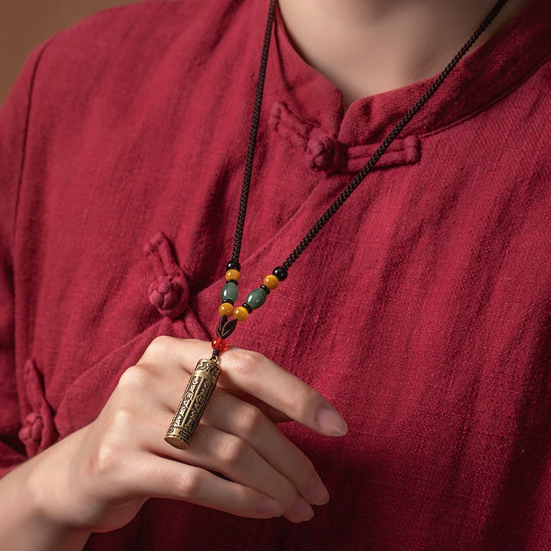 Openable necklace with brass retro scripture pendant versatile Tibetan-style accessory car hanging ornament
