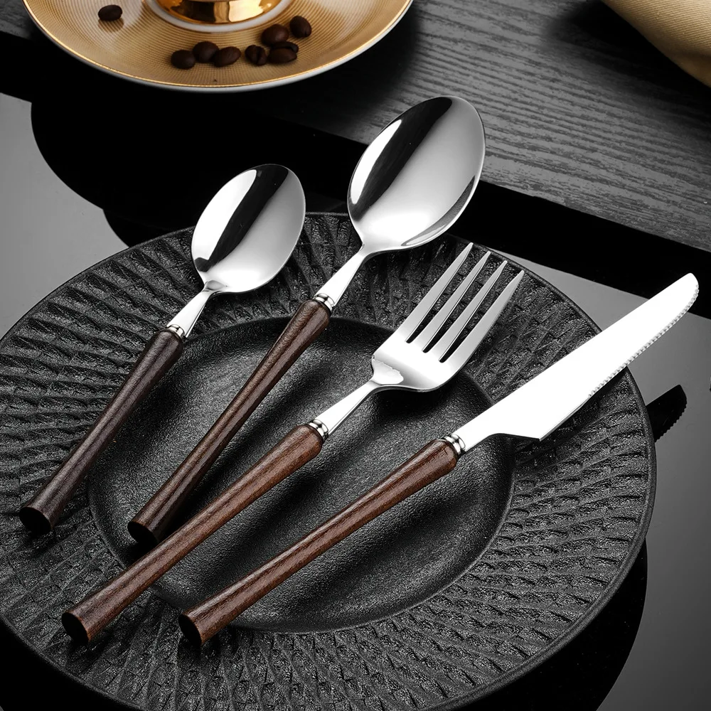 

16/24 шт. набор столовых приборов, посуда из нержавеющей стали 304, деревянная ручка, вилка, ложки, нож, столовая посуда, наборы посуды, безопасный подарок