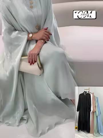 New Shiny Silk Muslim Woman Set Abaya Islamic Veil Cardigan Moroccan Caftan Evening Dress With Lining Eid Prayer Dress kebaya