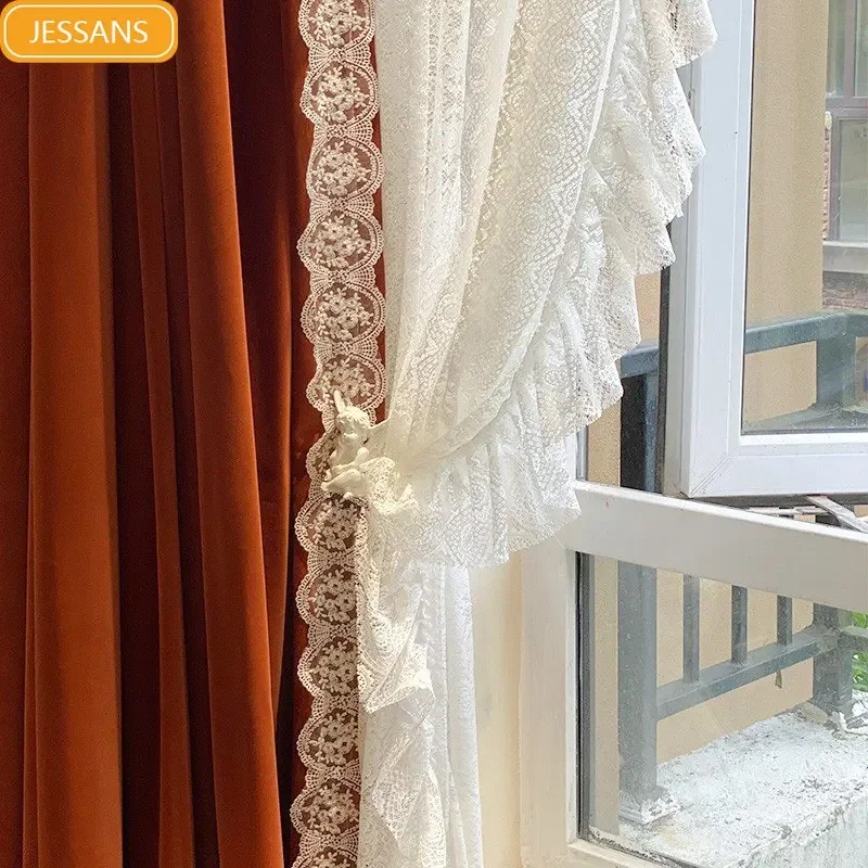 

New French style retro caramel color flannel lace screen French window curtain Curtains for Living dining room bedroom