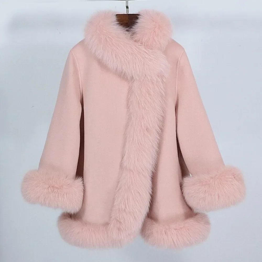 

Elegant Real Fur Coat 2024 Warm Oversized Real Fox Fur Collar Cuffs Elegant White Wool Coat Women Natural Fox Fur Jacket