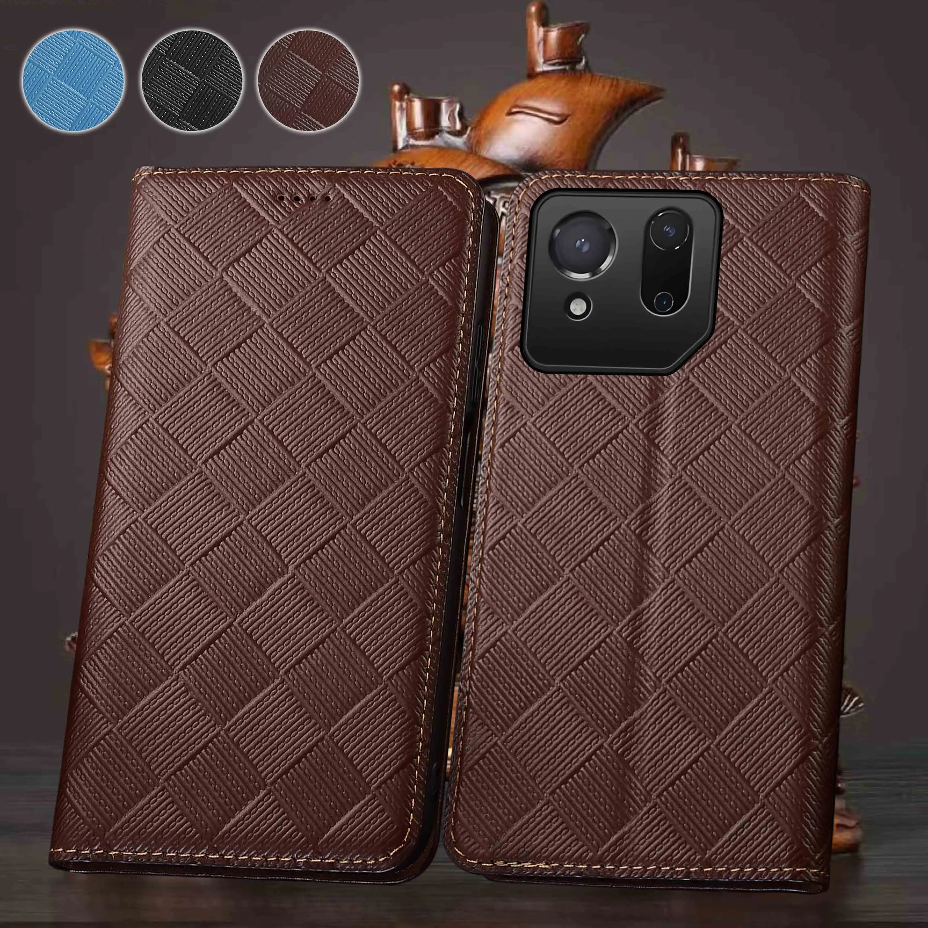 

For Asus Rog Phone 3 5 5S 6 6D 7 8 9 Pro Ultimate FE Knit Pattern Of Genuine Leather Wallet Flip Phone Cover Case Cowhide NoSlip