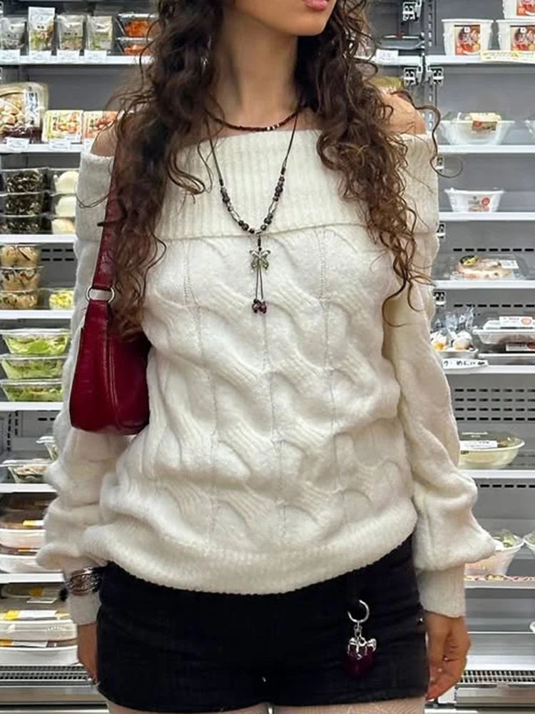 

New Autumn Winter Solid Y2k Slash Neck Loose Long-sleeved Women's Pullover Knit Sweater, Vintage Streetwear Female Sexy Tops