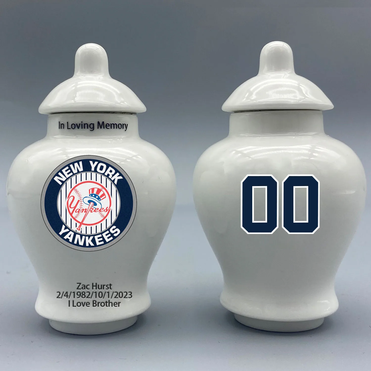 

Mini Urn for New York Yankees-Baseball themed.Please send me the customization information - name/date and number on the urn