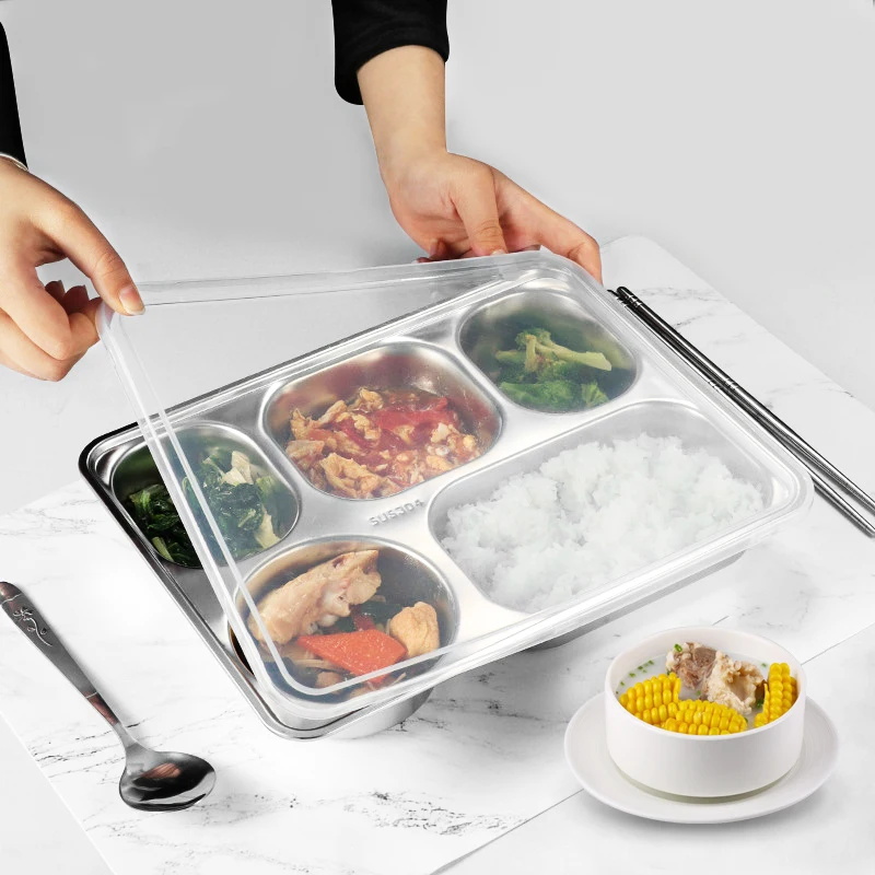 Stainless Steel Dinner Plate Divided Dinner Tray with Lid Food Storage Container Children School Canteen Tray Kitchen Tableware