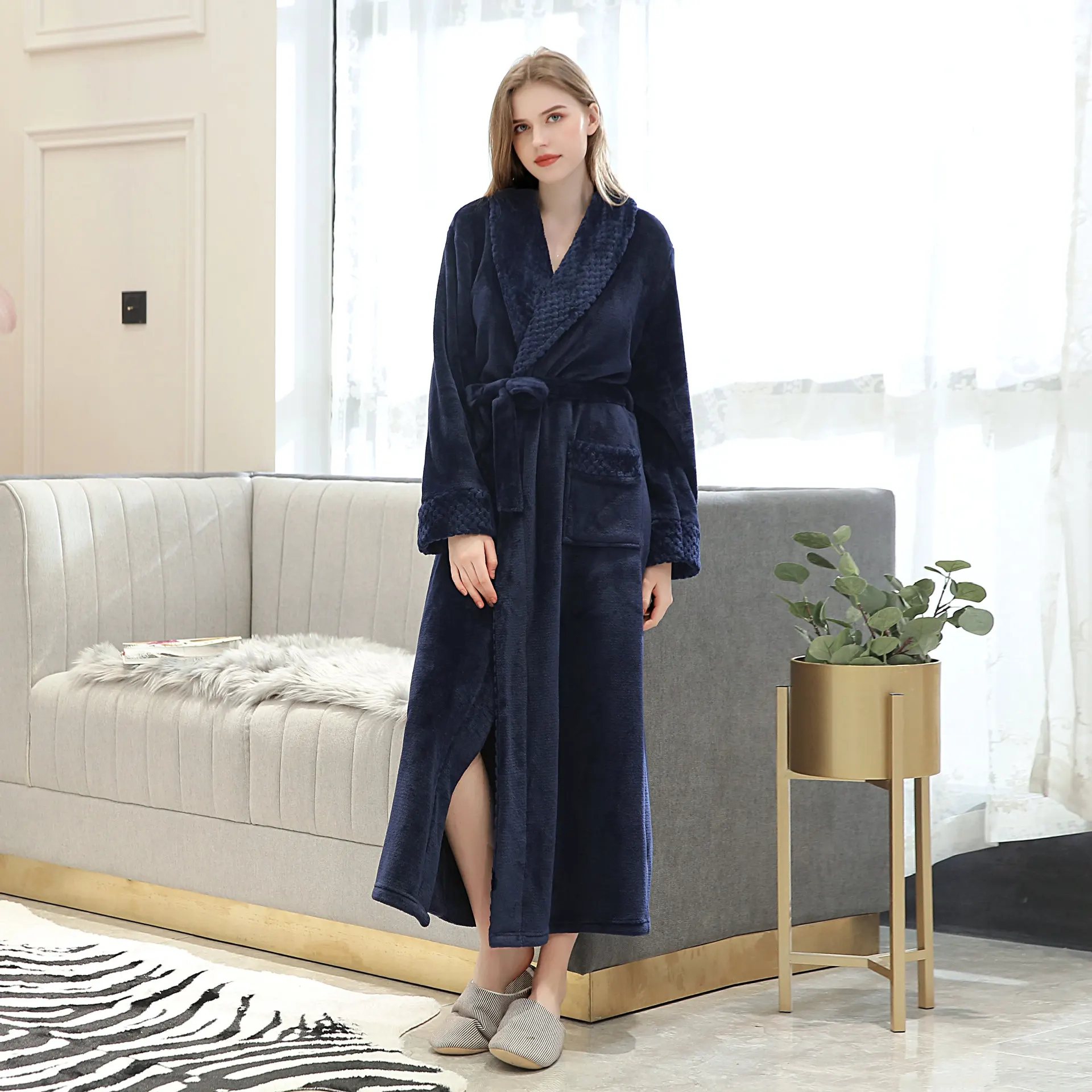 Autumn Winter Thickened Robe Women's Solid Color Nightgown Flannel Warm Nightwear Loose Sexy Lapel Collar Temperament Nightwear