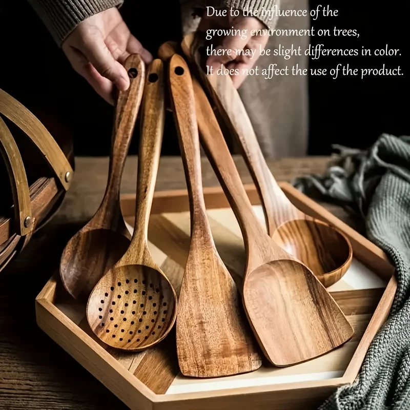5pcs Wooden Kitchen Utensil Set Natural Spurtle Non-Stick Pan Tools Handcrafted Soup Ladles Stir Fry Paddles Gift Idea