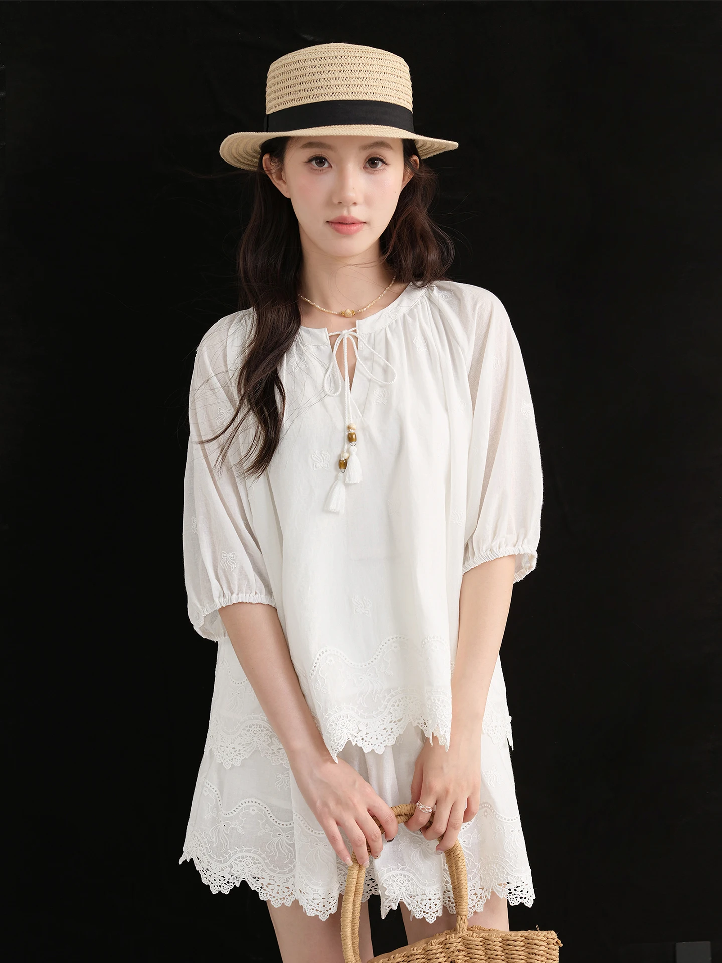 

Wooden Lace Floral Print Two-Piece Set Women's Summer Vacation Style White Bubble Sleeve High Waist Breathable Lightweight