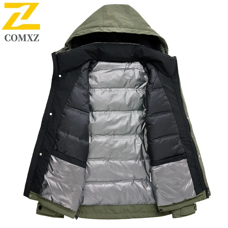سترة COMXZ للرجال بغطاء للرأس خفيفة للغاية للعمل في الهواء الطلق سترة سميكة دافئة كاجوال بلون سادة ملابس شتوية مقاومة للبرد #4