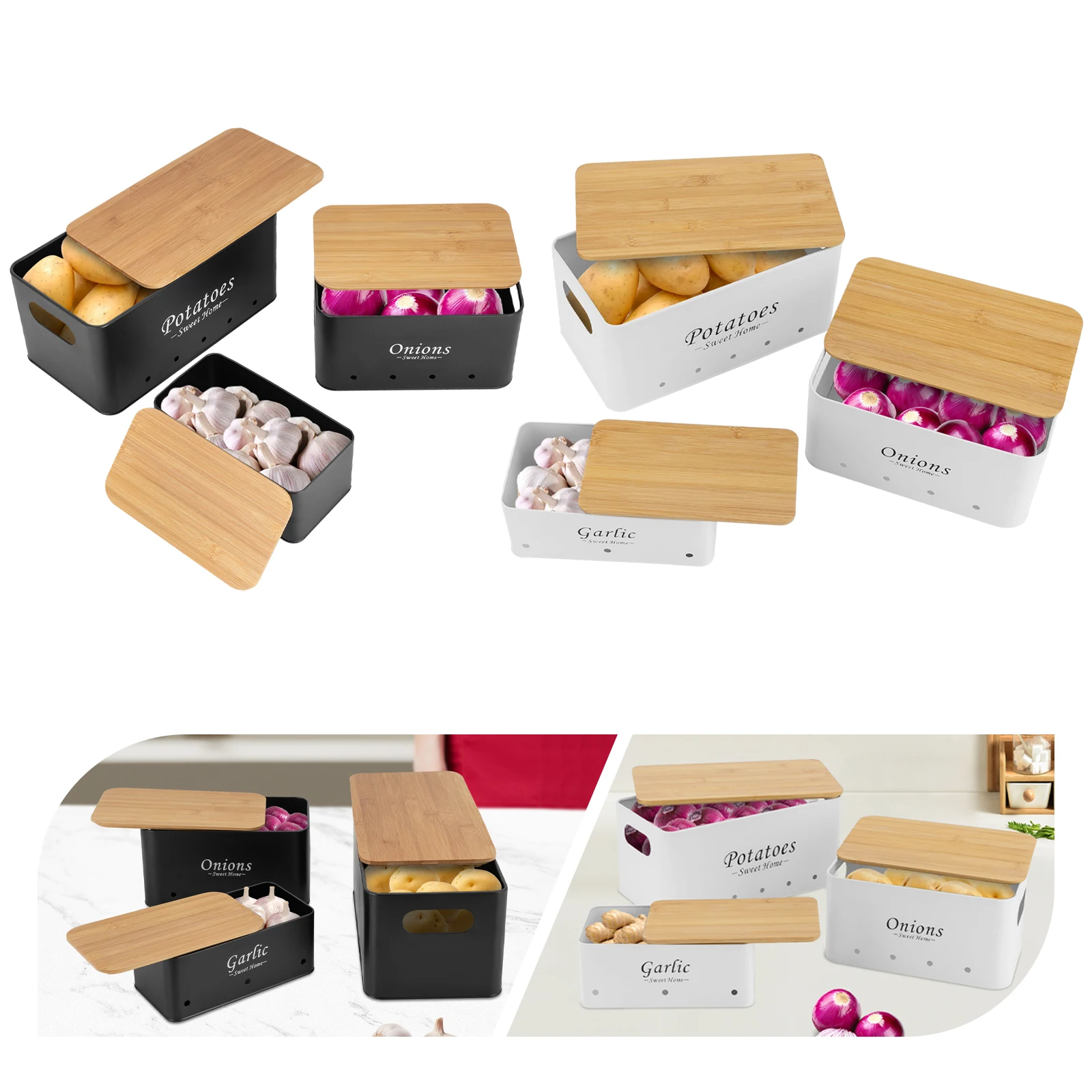 3-teiliges modernes rechteckiges Aufbewahrungsbox-Set mit Hohlgriffen in Schwarz/Weiß für Zwiebeln, Kartoffeln, Knoblauch, Organizer-Behälter – Detail 5
