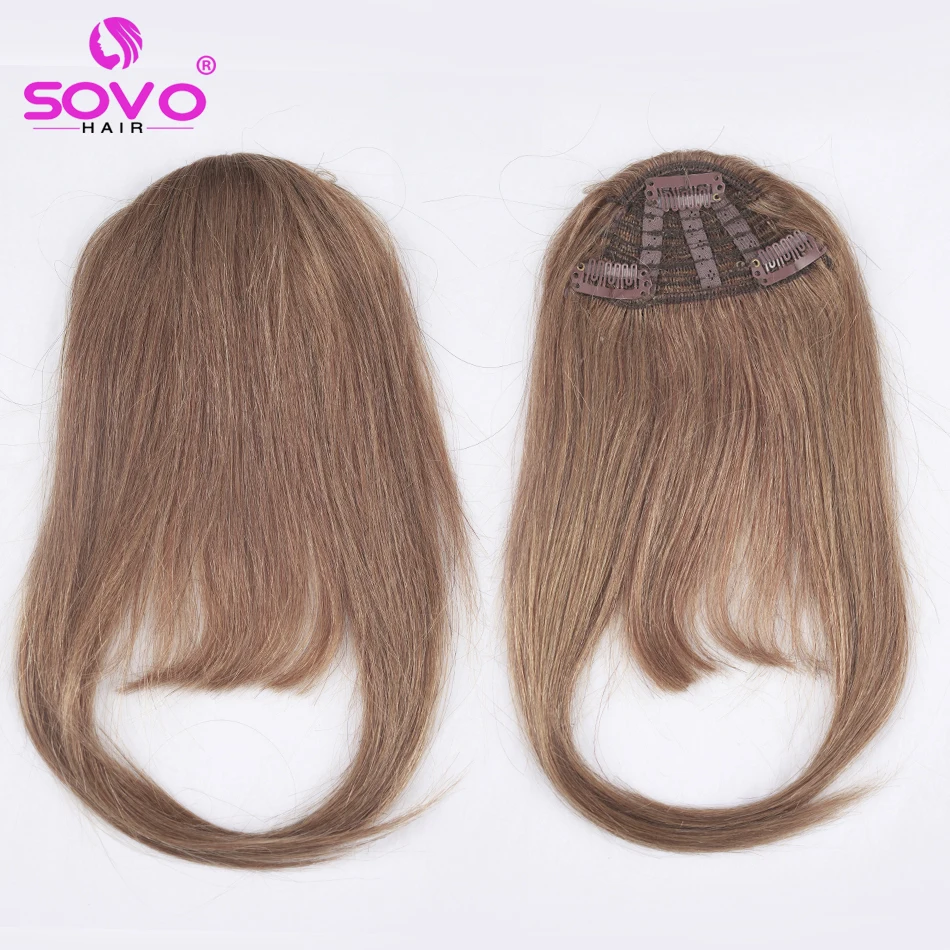 SOVO Human Hair Bangs 3 clips in Straight European Remy Natural Human Hair Fringe Blonde Brown Color 8 inch 20g Front Bang