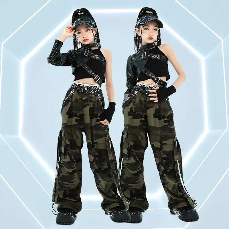 Jazz Dance Clothes Girls Kpop Costume Black Leather Sleeves Tops Hip Hop Performance Outfits Kids Concert Stage Clothing