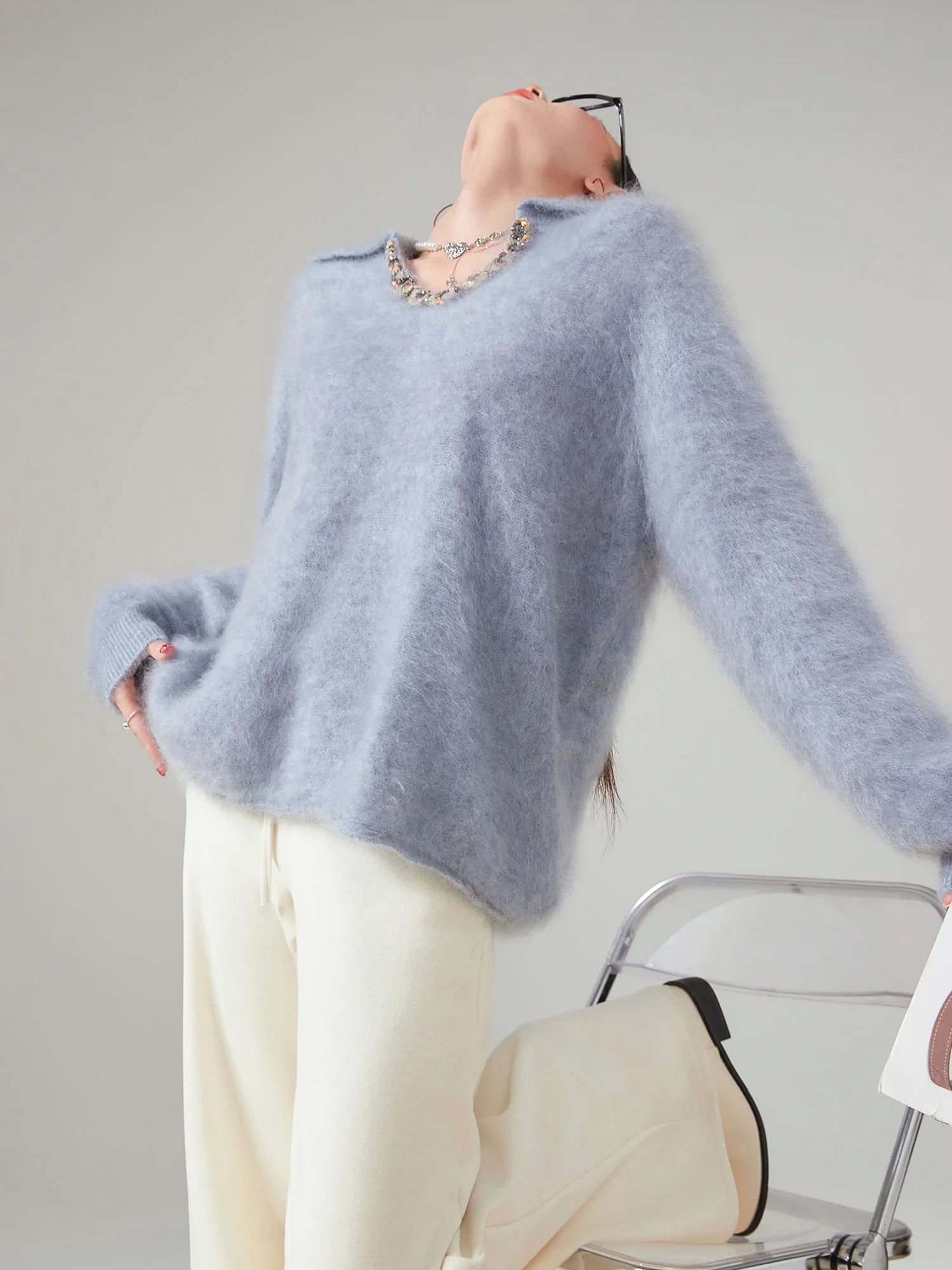 

Soft Cozy V-Ne Knitted Sweater Women's Autumn Winter New Sle Korean Lazy Sle iny Beads Heavy Work Knitted Top