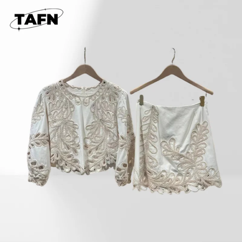 

French 2025 Summer Crocheted Phoenix Tail Half Sleeve round-Neck Shirt A- line Skirt Outfit Getaways or Casual DaysAG1513