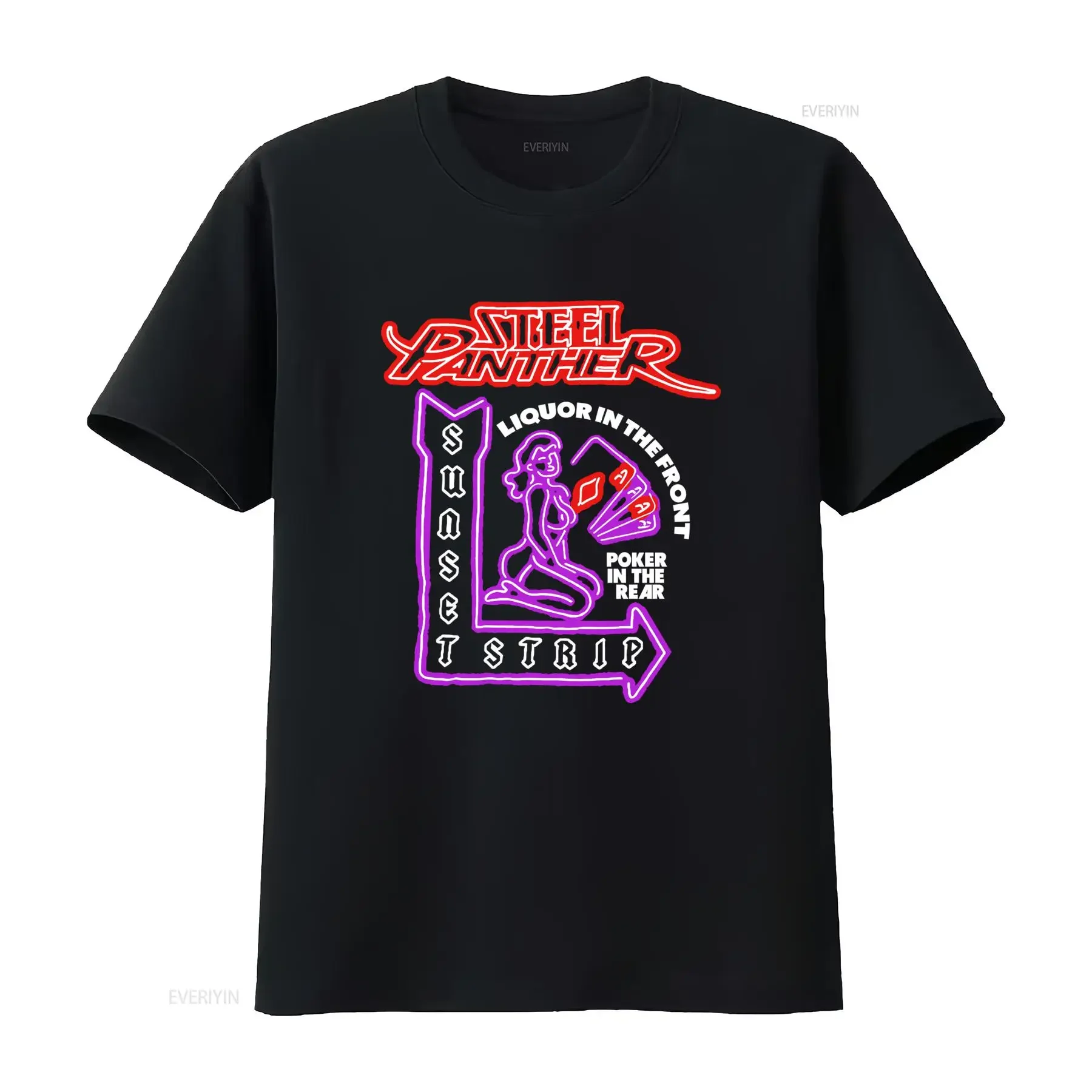 Camiseta con diseño de neón de Steel Panther Sunset Strip, estampado artístico de licor en la parte delantera y póker en la parte trasera, inspirada en bandas de rock, estilo vintage, suave.