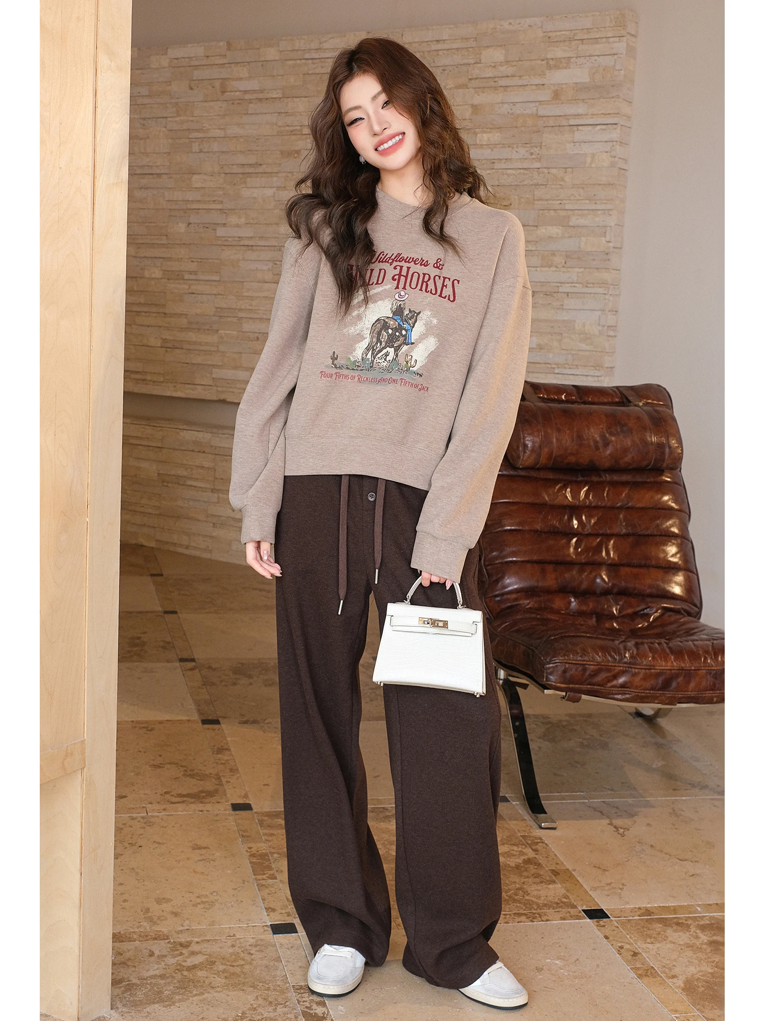 

Mila Reed Sle Casual Retro Print All-Match Capl Sweatirt Anti-Aging Girl Feeling Small Size Winter Loose Fit Long S...