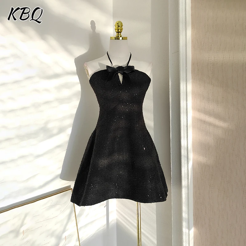 

KBQ Solid Spliced Sequines Slimming Dresses For Women Halter Sleeveless High Waist Patchwork Bowknot Mini Dress Female Fashion