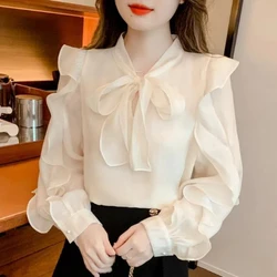 French Ruffle Edge Shirt for Women Gentle and Sweet Design Niche and High-end Lace Up Bow Chiffon Shirt