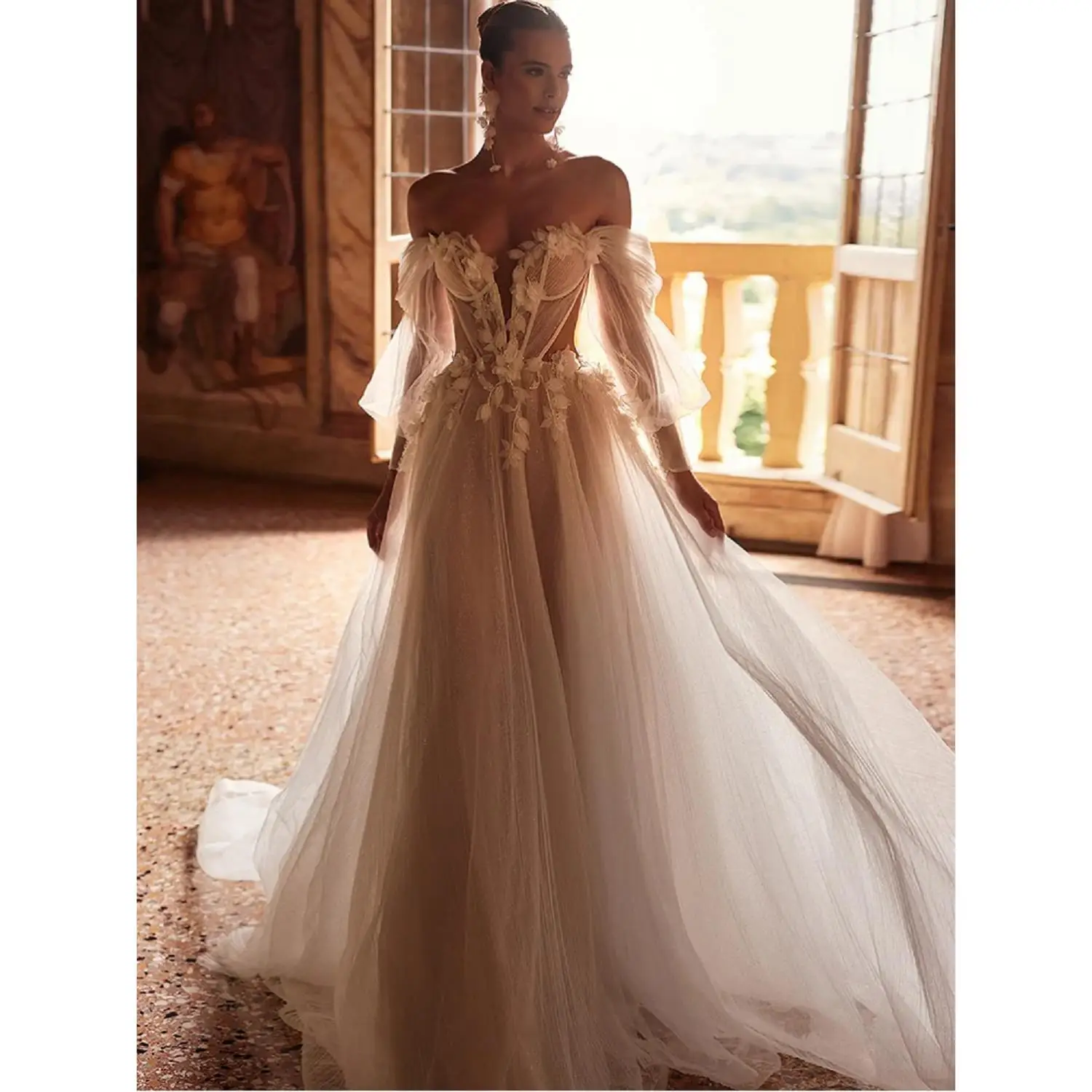 A i Line Wedding Dresses Chapel Train Customized Off The Shoulder Long Sleeves Floor i Length Bridal Gowns