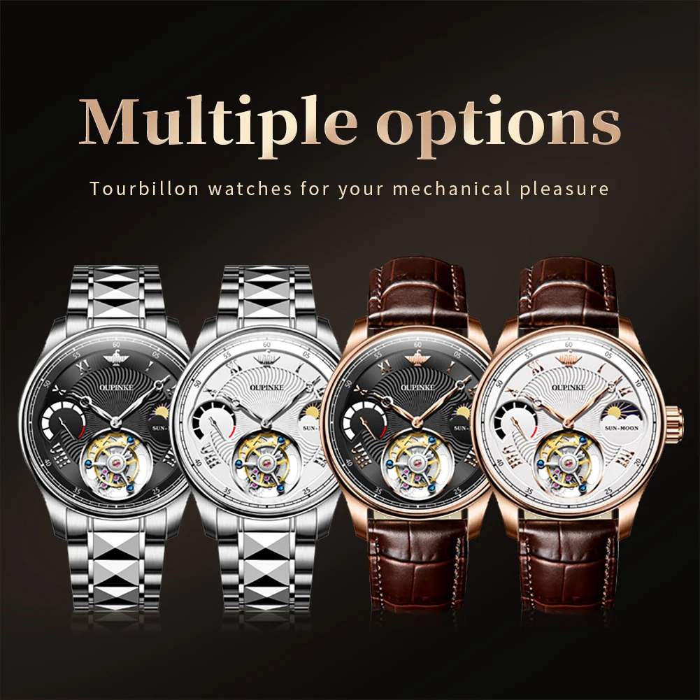 OUPINKE 8001 Tourbillon Watch for Men Chronograph Moon Phase Waterproof Automatic Mechanical Men\'s Wristwatches Luxury Brand NEW