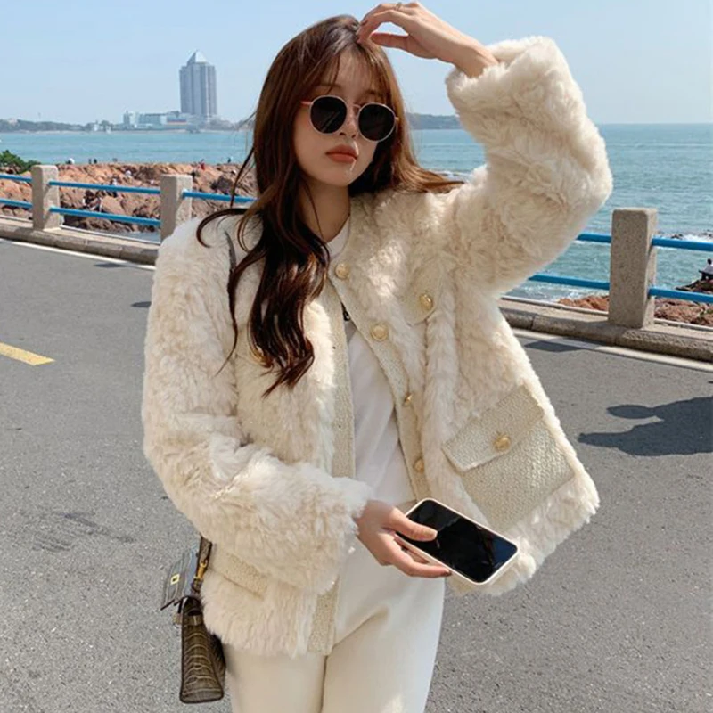 XPQBB Korean Style Lamb Wool Jackets Women 2023 Autumn Winter Thick Warm Faux Fur Coats Ladies White Long Sleeve Plush Outwear