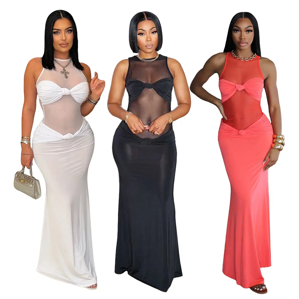 

EINY Women Mesh See Though Sleeveless Prom Maxi Bowknot Long Dress Elegant Formal Sexy Party Evening High Street Dresses Traf