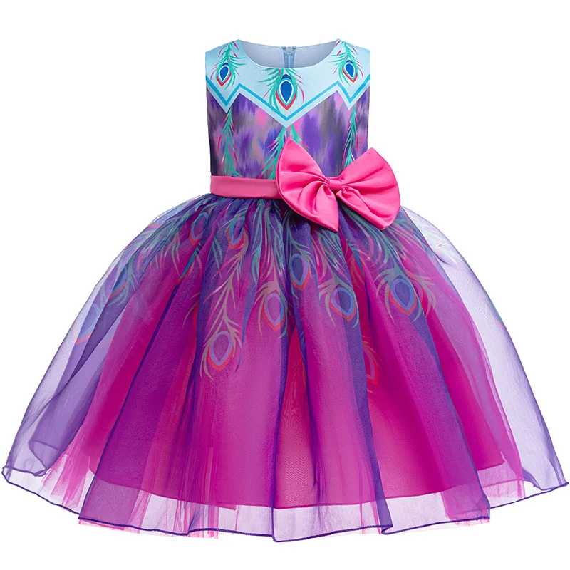 Girl's Bow Princess Dress 2024 New Feather Printed Mesh Dress Carnival Halloween Performance Clothing