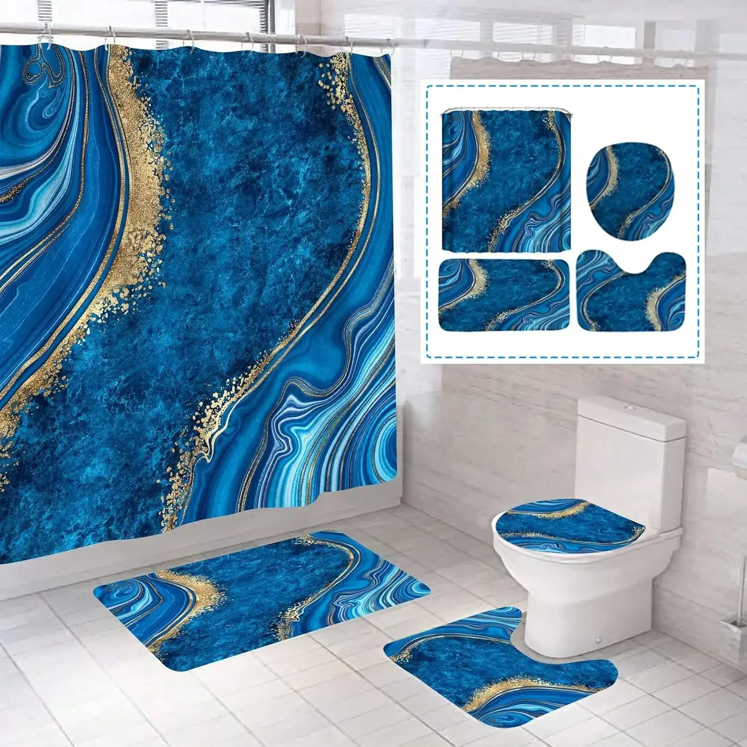 4Pcs Luxury Marble Shower Curtain Sets, Bathroom Sets with Shower Curtain, Toilet Lid Rug, Bath Mat and Contour Mat, Shower Curtain with 12 Hooks for Bathroom Set Decor 72 x 72 Inch, Black - view 7