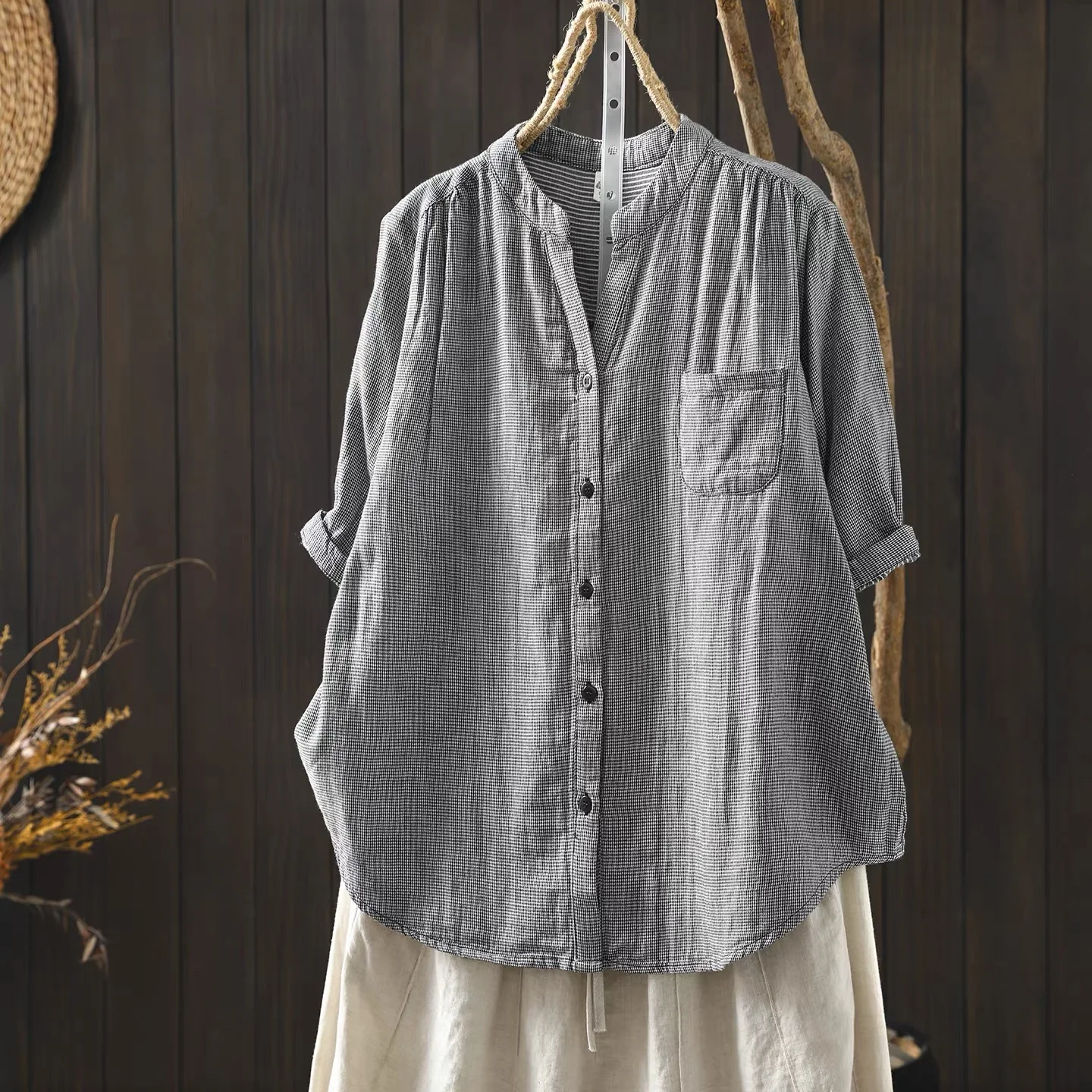 

2026 Vintage Blue Checkered Blouse for Women V Neck Short Sleeve Cotton Yarn Loose Breathable Women's Plaid Shirts